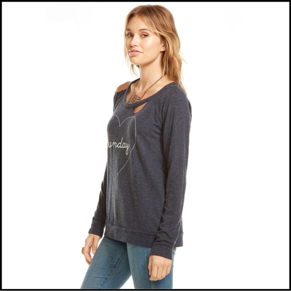 NWT CHASER DARK GRAY DECONSTRUCTED HEART SUNDAY SWEATSHIRT M - Picture 4 of 9